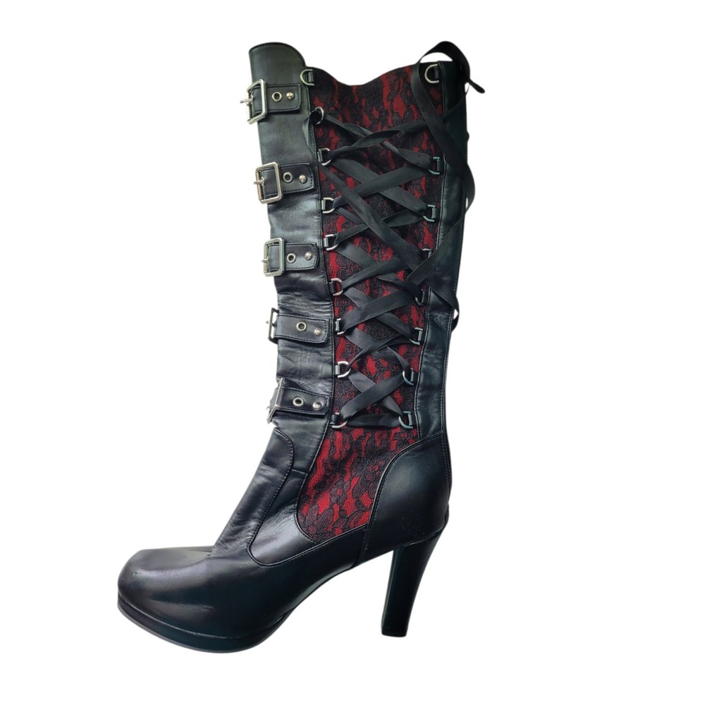 Demonia cult Boots CRYPTO106 Black Red Vegan Leather 4" Heal Corset Size 10